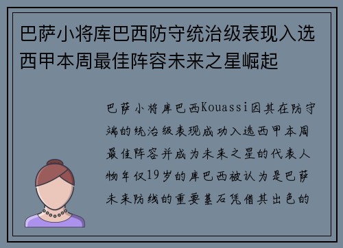 巴萨小将库巴西防守统治级表现入选西甲本周最佳阵容未来之星崛起
