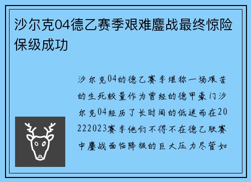 沙尔克04德乙赛季艰难鏖战最终惊险保级成功